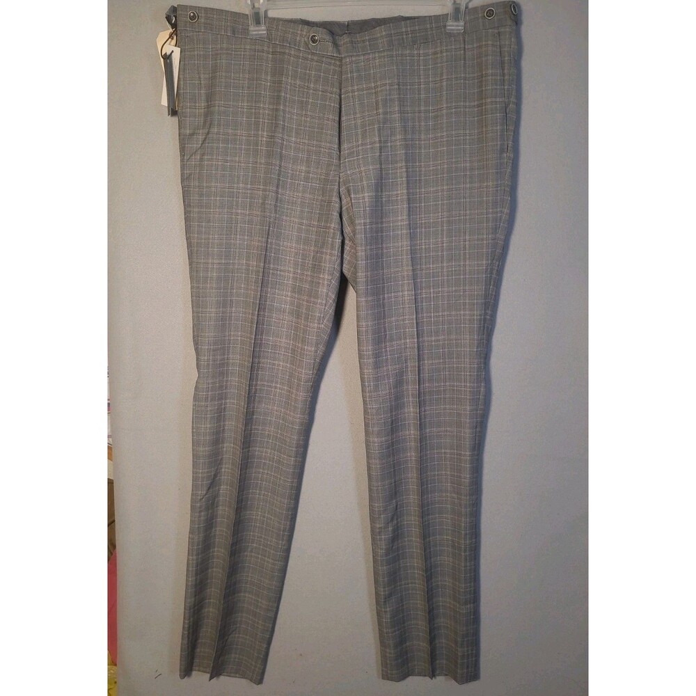 NWT J Hilburn Dress Pants Mens 42x36 Gray Blue Windowpane Plaid Wool Trousers